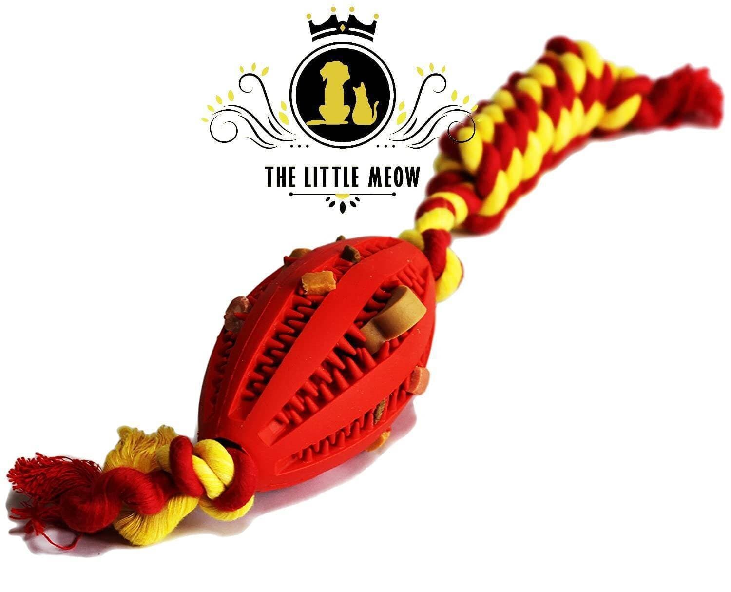 LM Chewing with Rope Toy - Treat Dispensing Teeth Cleaner for Puppy and Aggressive Chewer  Hide and Seek Interactive Stimulating Training for Bored Dogs - Rugby Ball (Large)