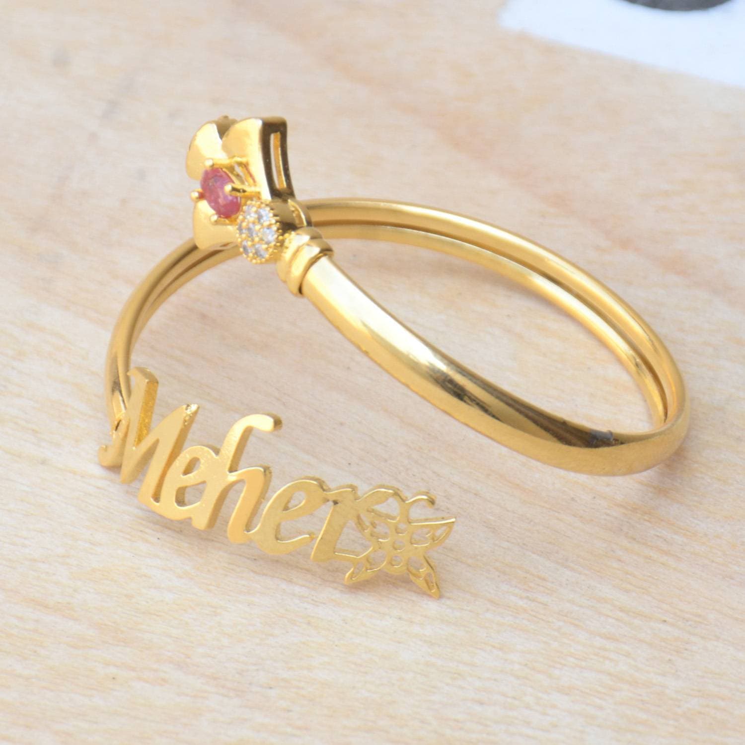 Custom Name Design with Stone Made 24k Gold Plated Name Bangle