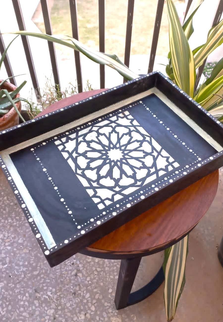 Hand-painted wooden serving tray - Antique acrylic paint tray for tea serving and decoration