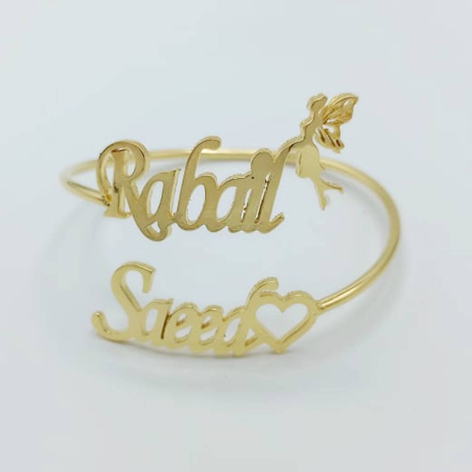 Custom Name/Heart/Angel Design Made 24k Gold Plated Double Name Bangle Gift Item