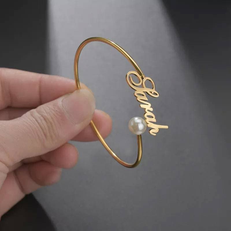 Custom Design Made/Pearl 24k Gold Plated Single Name Bangle Gift Item - Adjustable