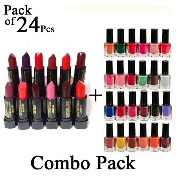 Combo Pack of 24 Pcs - Nail Polish 12 Nail Paint and 12 Lipstick - Lip stick Nailpaint Nailpolish
