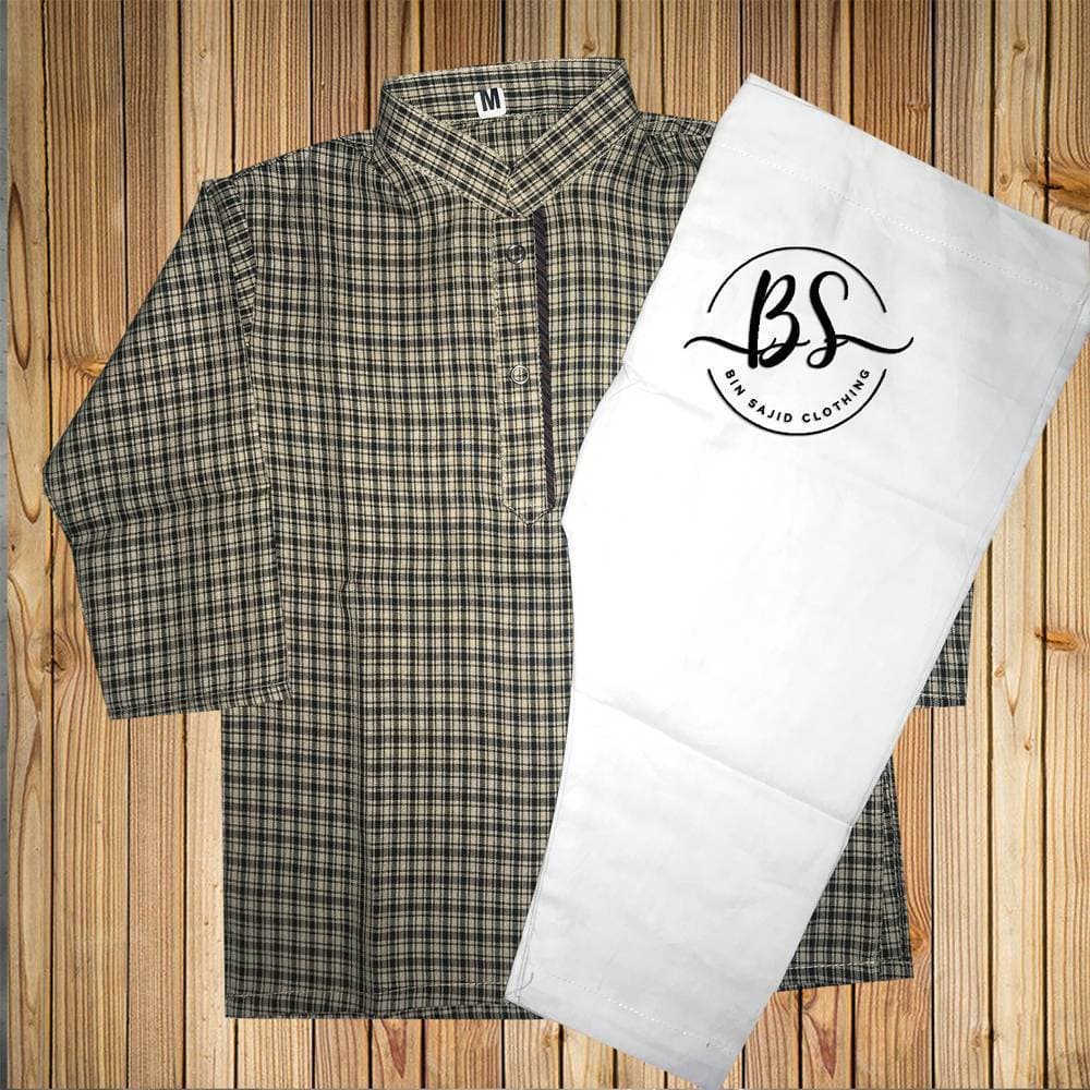 Bin Sajid Clothing Kurta Shalwar Cream & Black Check Suit For Baby Boy New Born to 03 Year