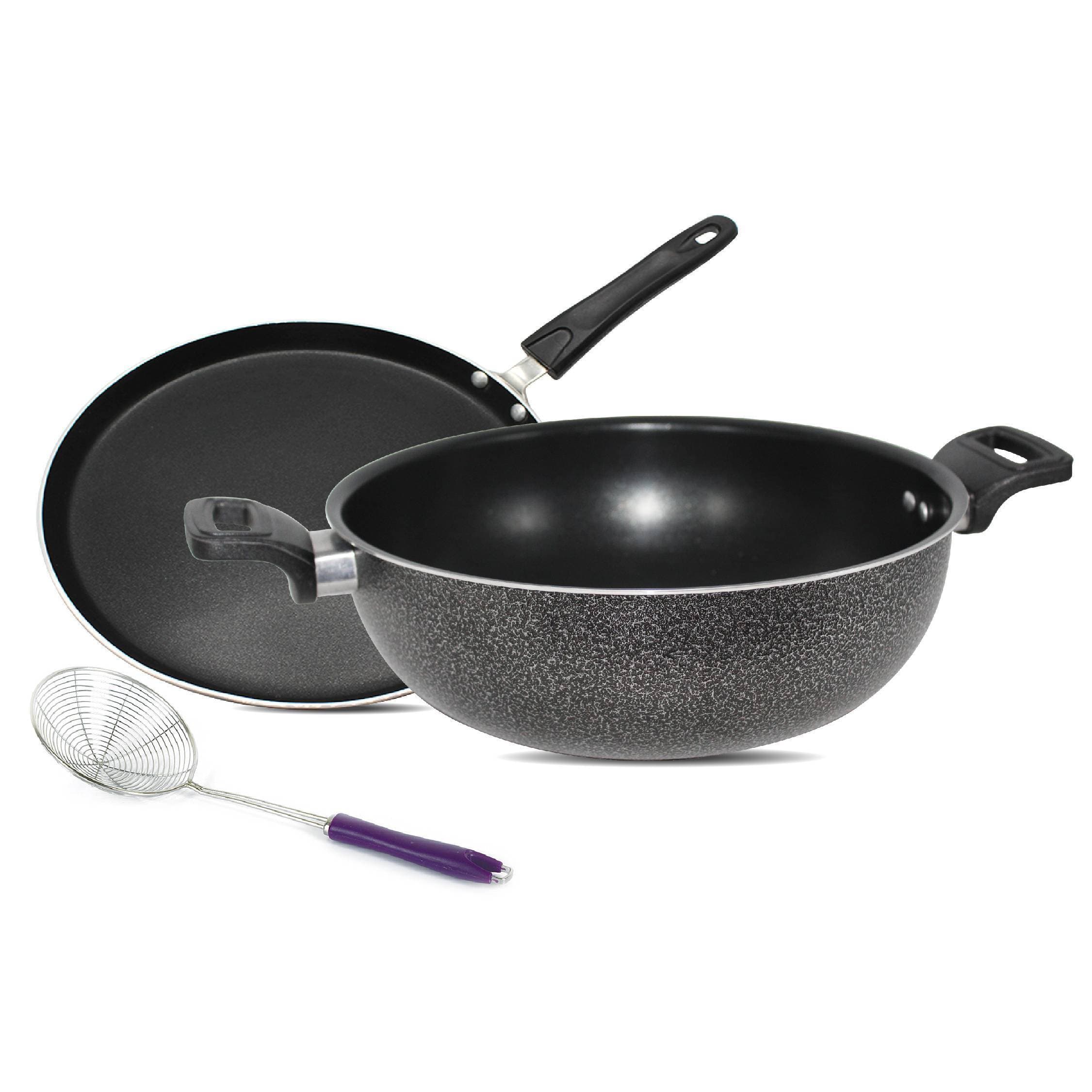 Chef Ramadan Deal  Non Stick Wok 28 Cm+ Pizza Pan 30 Cm With Free Frying Strainer
