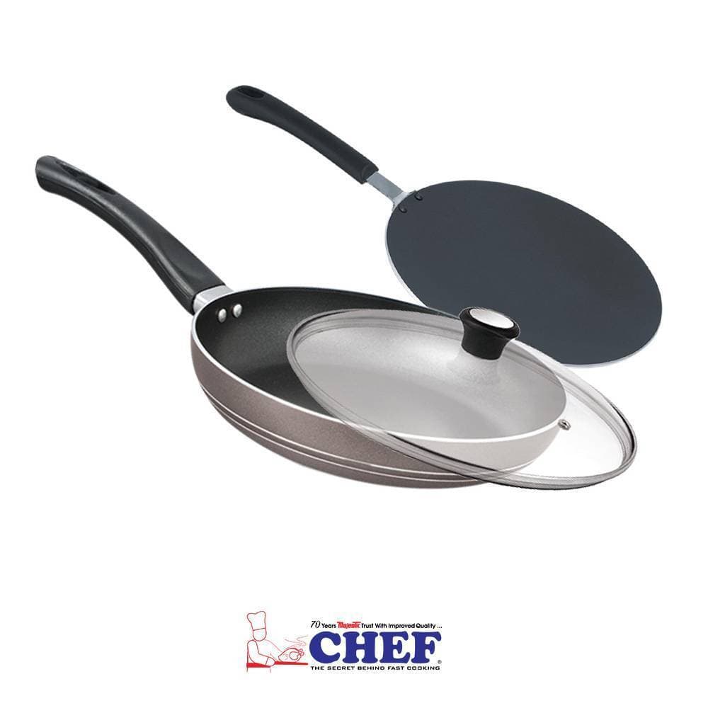 Chef Non Stick Tawa 30 Cm + Round Frypan With Glass Lid 28 Cm