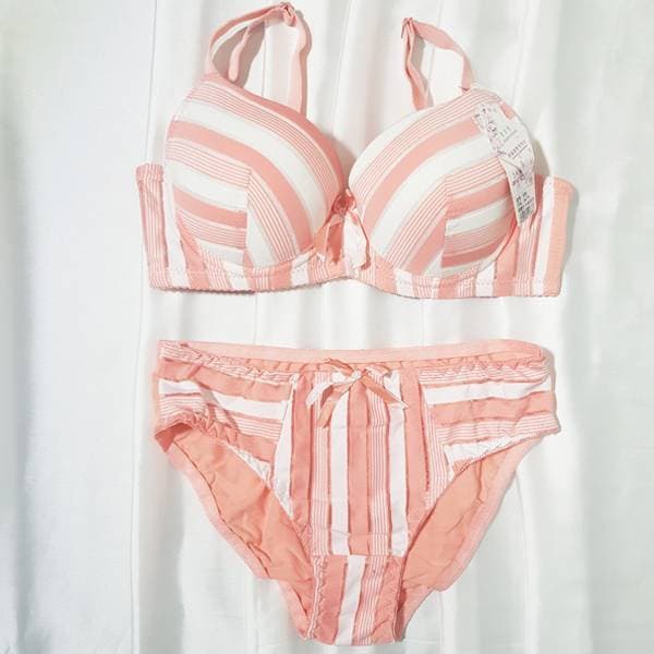 Ribbon – Strip Design Bra Panty Sets – Peach
