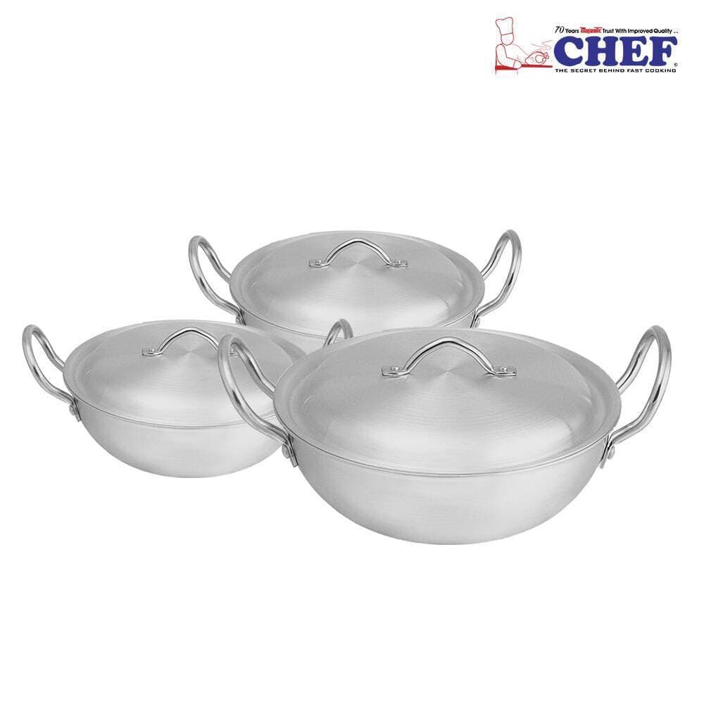 Chef Metal Finish Karahi/Wok Set 3 Piece 24cm To 28cm - Mf-119
