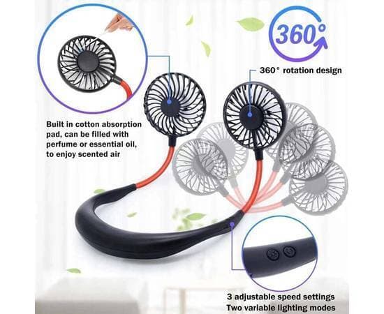 Neck Band Fan Usb Rechargeable Mini Neck Double Fans 3 Speed Mini Fan Neck Band Fan 360 Degree Usb Fan Rechargeable