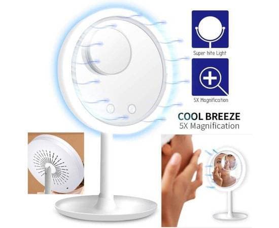 Beauty Breeze Mirror 3 In 1 Fan Led Lamp And Mirror Sweat-Free Makeup Mirror Beauty Fan Mirror Desk-Top Keeps Skin Cool Beauty Led Lighted