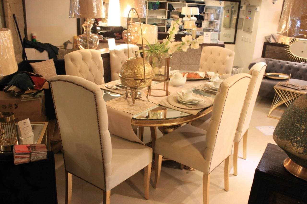 Mirror Top Round Dinning Table With 6 Chairs - 1 Set