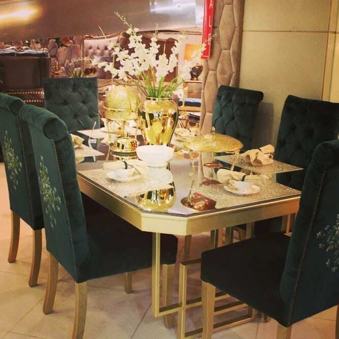 Hexagon Cut Looking mirror Dining Table With 6 Custom Hand Painted Chairs