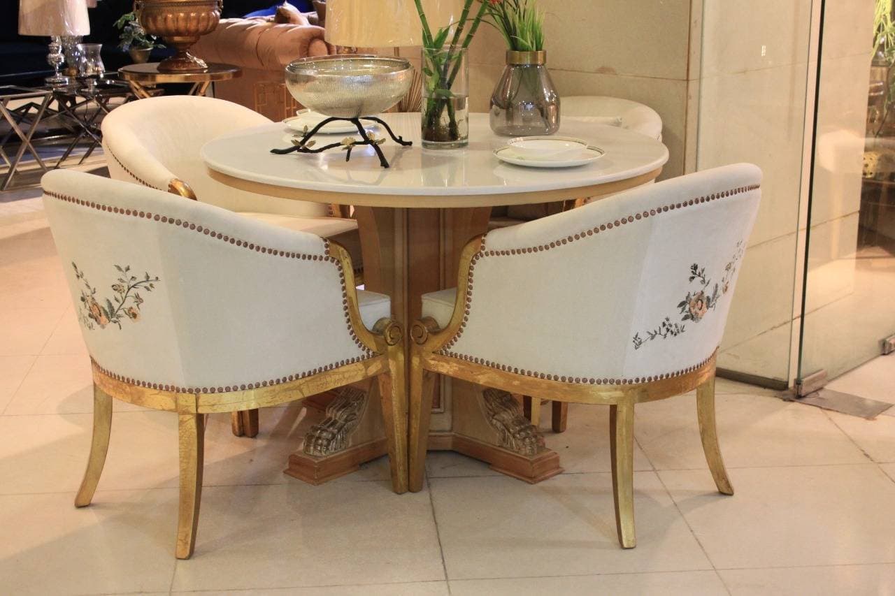 Round Dinning Table With Marble Top With 4 Vintage Chairs - 1 Set