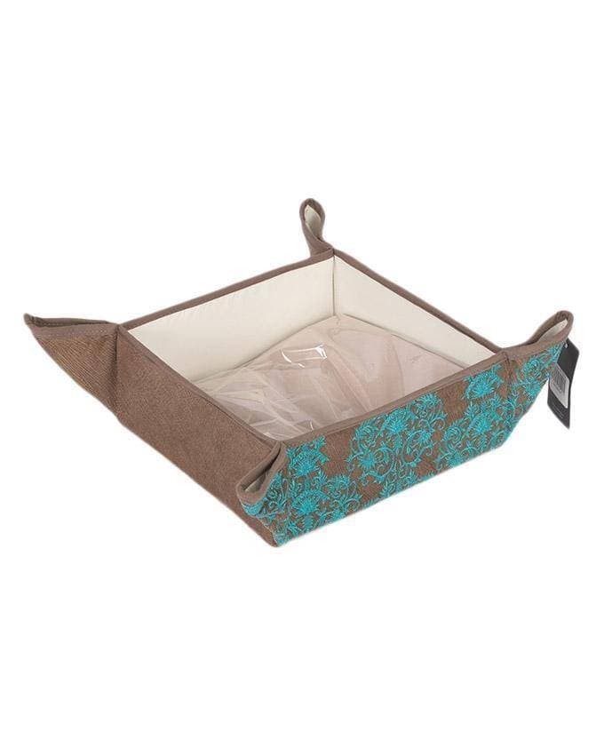 Brown Suede Embroidered Square Bread Basket