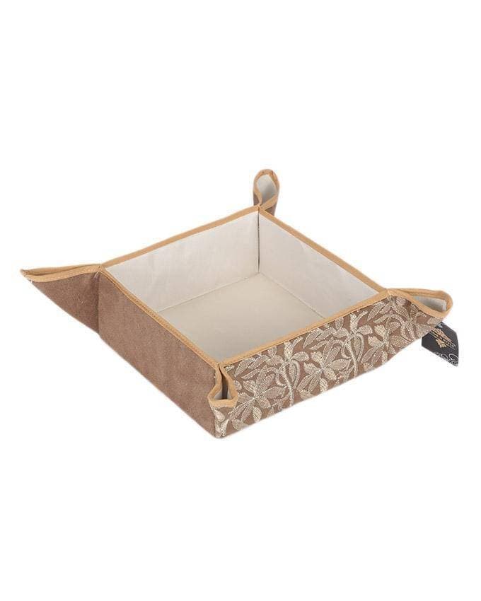 Brown Suede Embroidered Bread Basket With Napkin