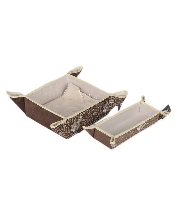 Brown Suede Embroidered Bread Basket and Cutlery Tray