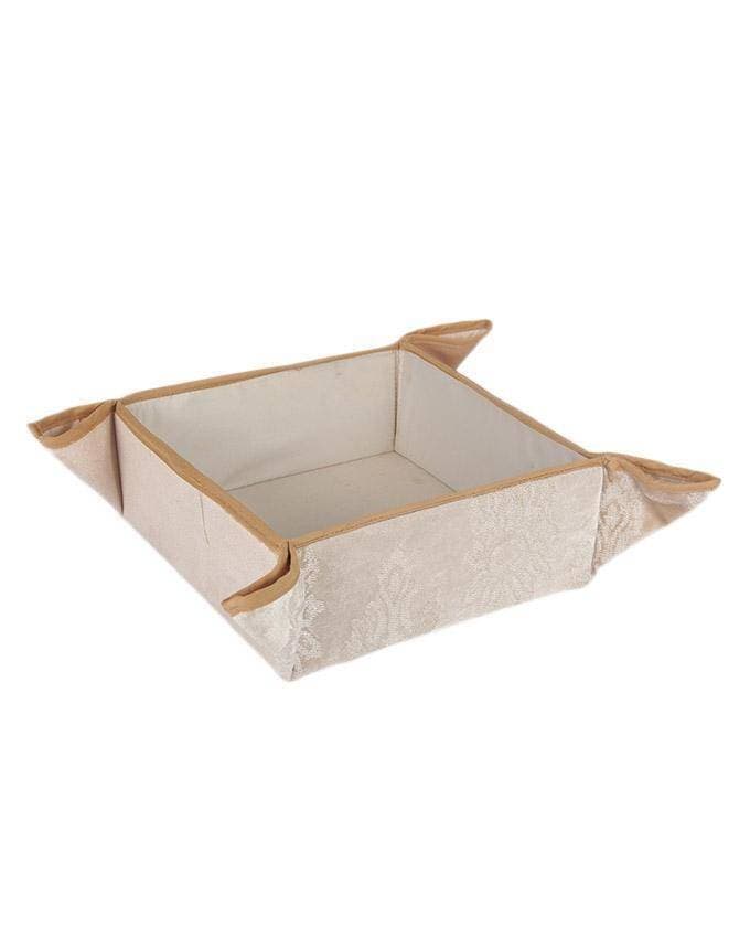 Beige Suede Embroidered Decorative Bread-Basket With Napkin
