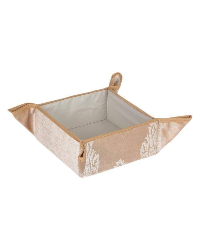 Beige Suede Embroidered Bread Basket With Napkin