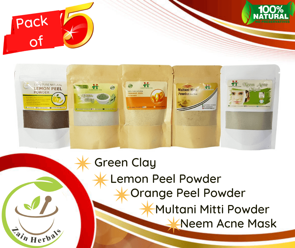 Zain Herbals - Pack Of 5 - Orange Peel Powder 100G| Green Clay 50G |Neem Acne Powder 100G| Lemon Peel Powder 100G| Multani Mitti Powder 50G