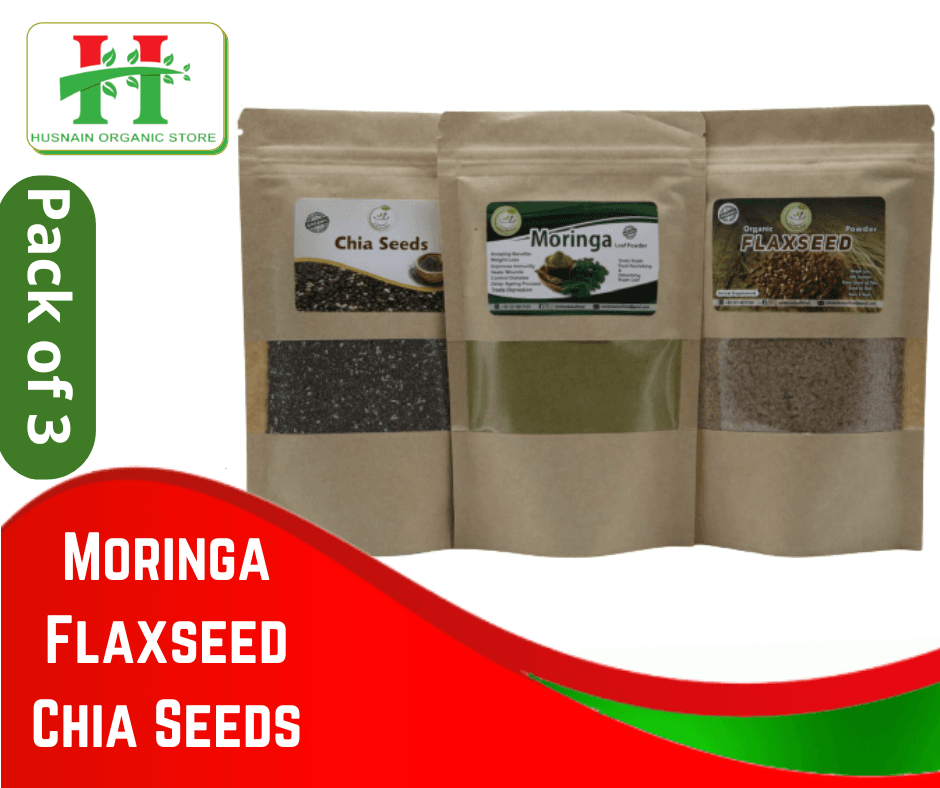 Chia Seeds, Moringa & Flex Seeds Powder By Husnain Organic Store - Pack Of 3 (200gm)