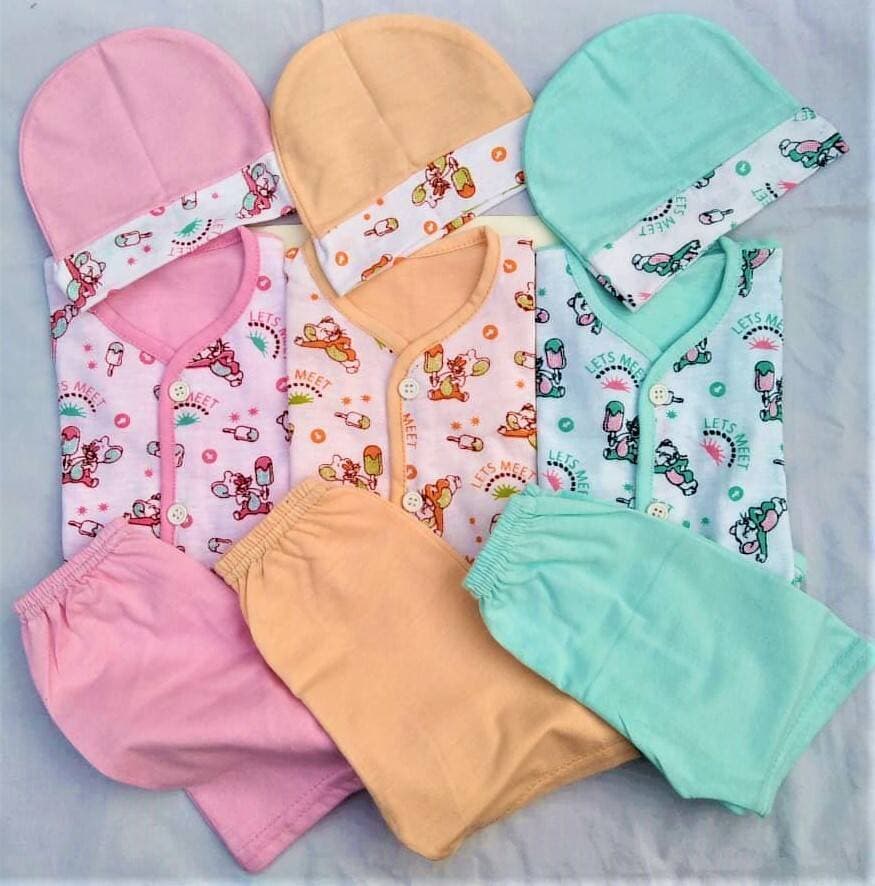 Pack Of 3 New Born Baby Suits With Cap