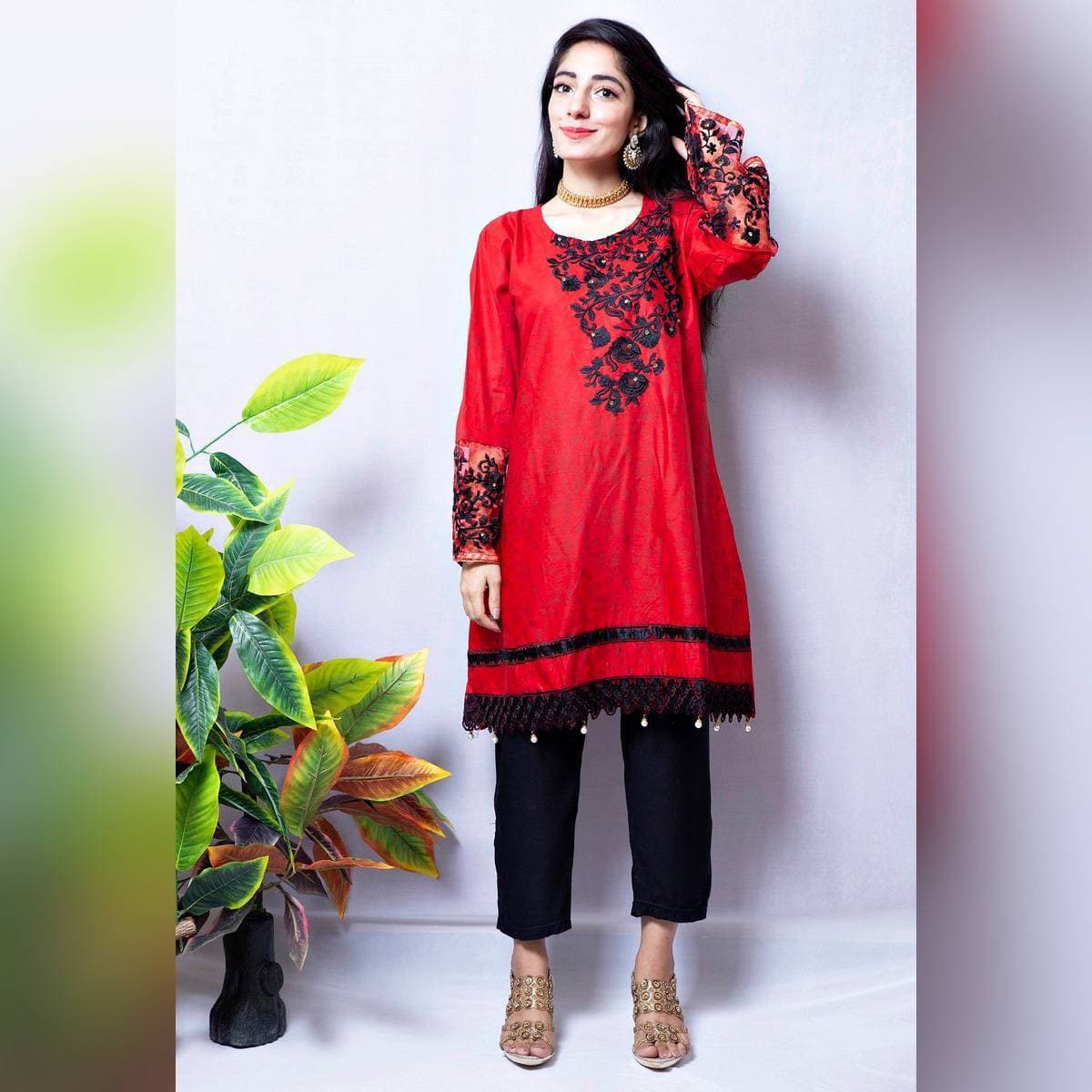 Red Linen Ladies Kurti - B7