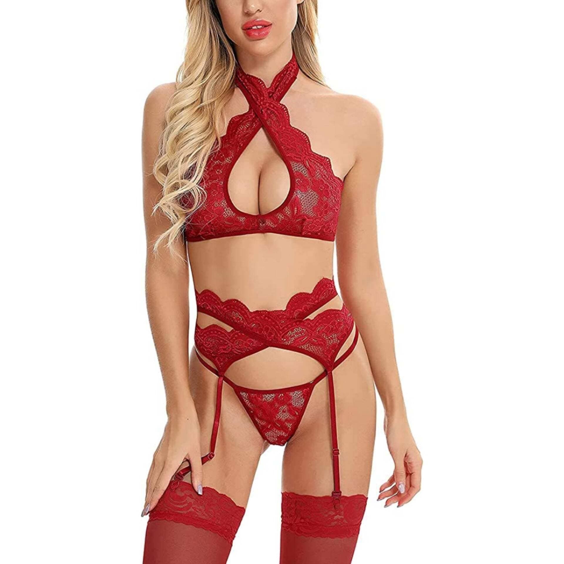 4 Pcs Women Sexy Lingerie Lace Transparent Lingerie Set With Stockings - Red