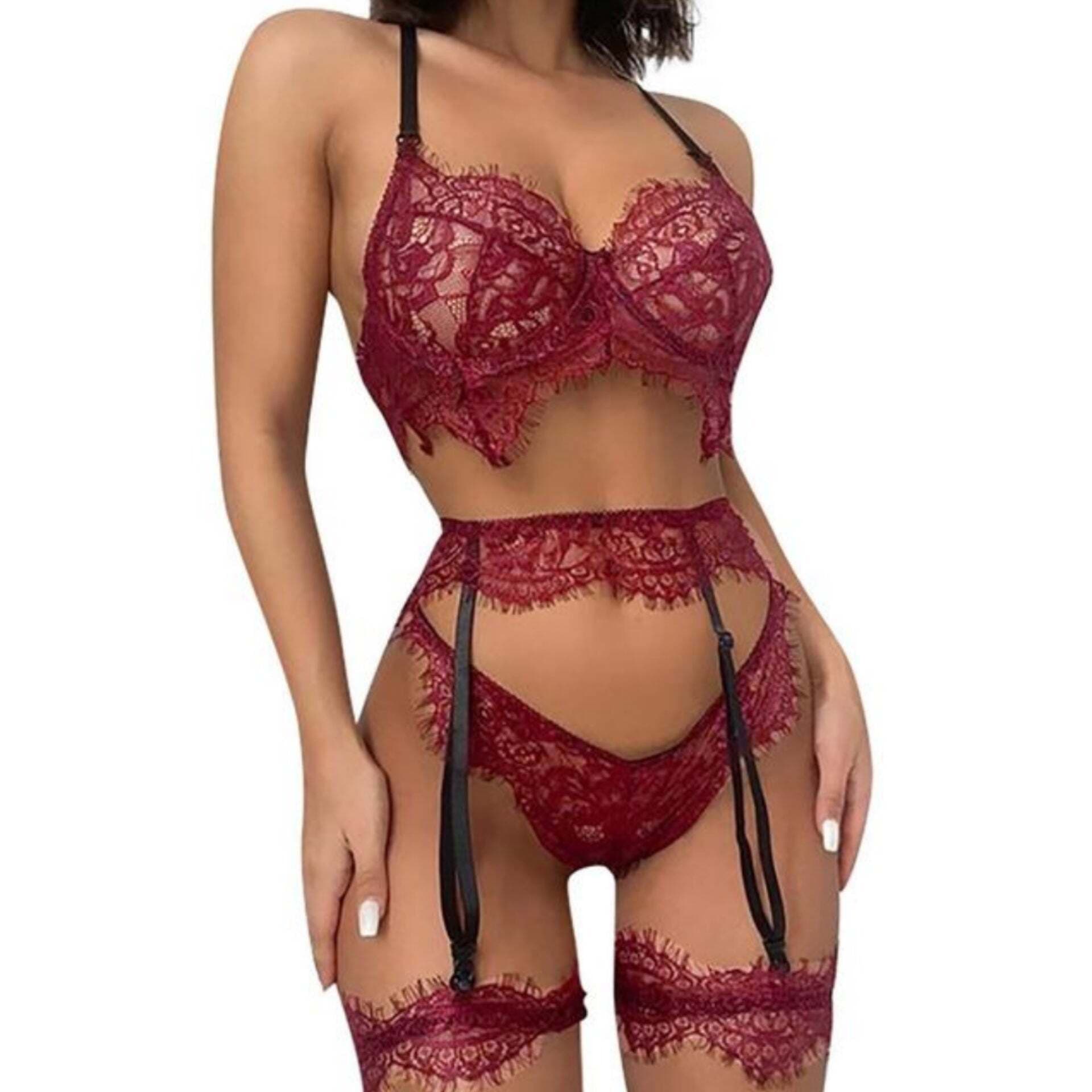 3 Pcs Lace Perspective Lace Bra Low-Waist Thong Garter Lingerie - Red