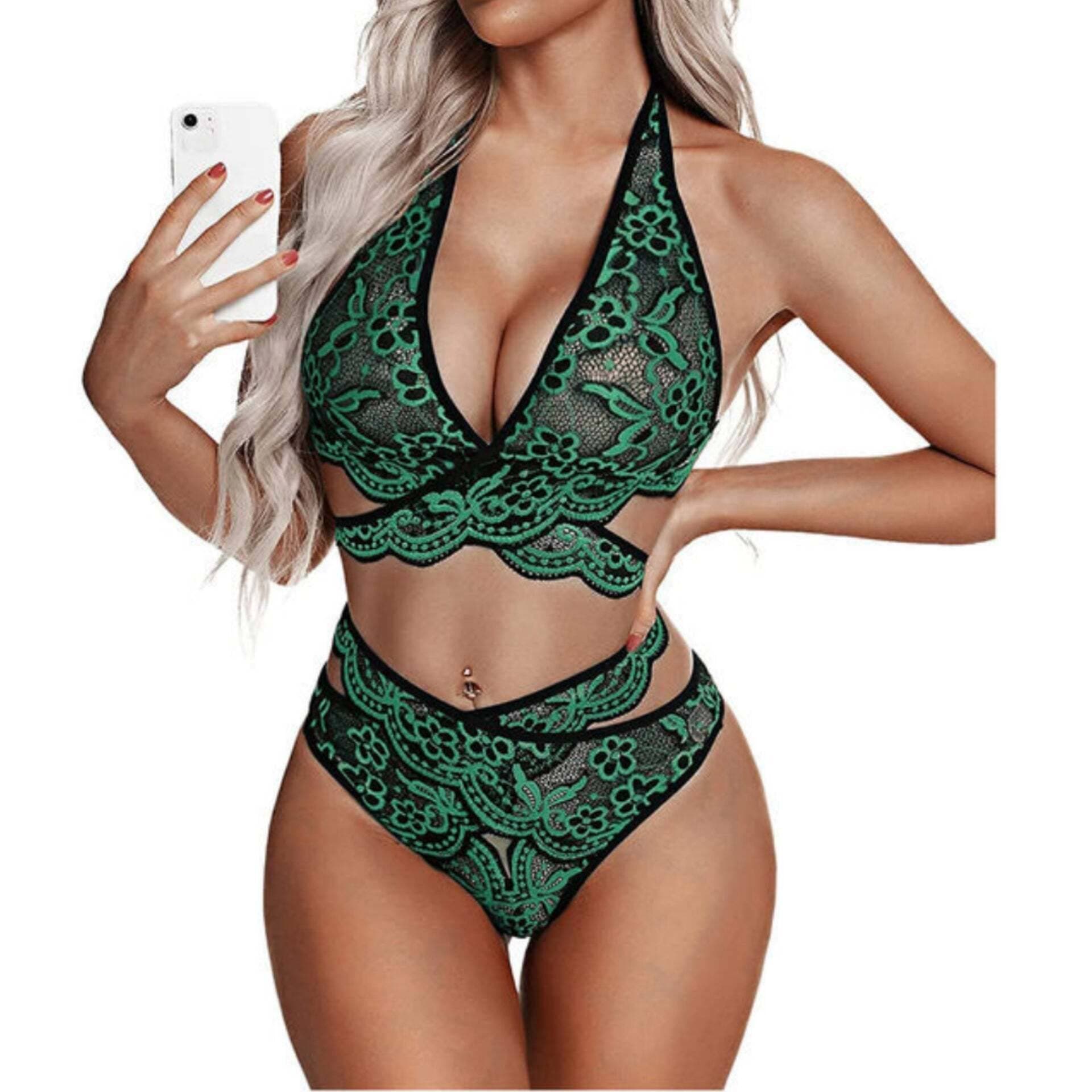 Lace Lingerie 2 Pcs Bra Panty Set Hollow Out Embroidery Sexy Lingerie - Green