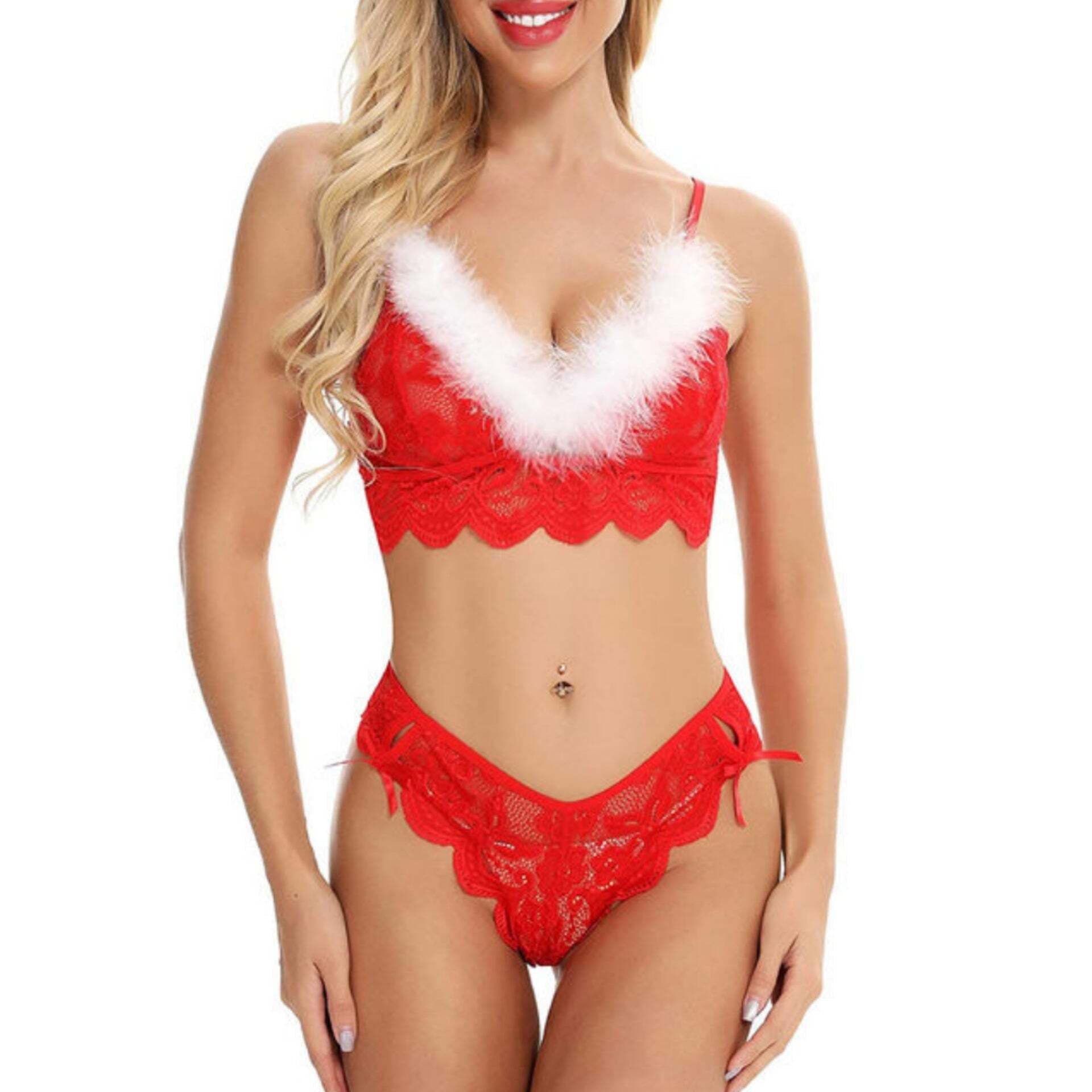 Women Sexy Red Lingerie Suit Fur Lace Hollow Out Bra Panty Set - Red