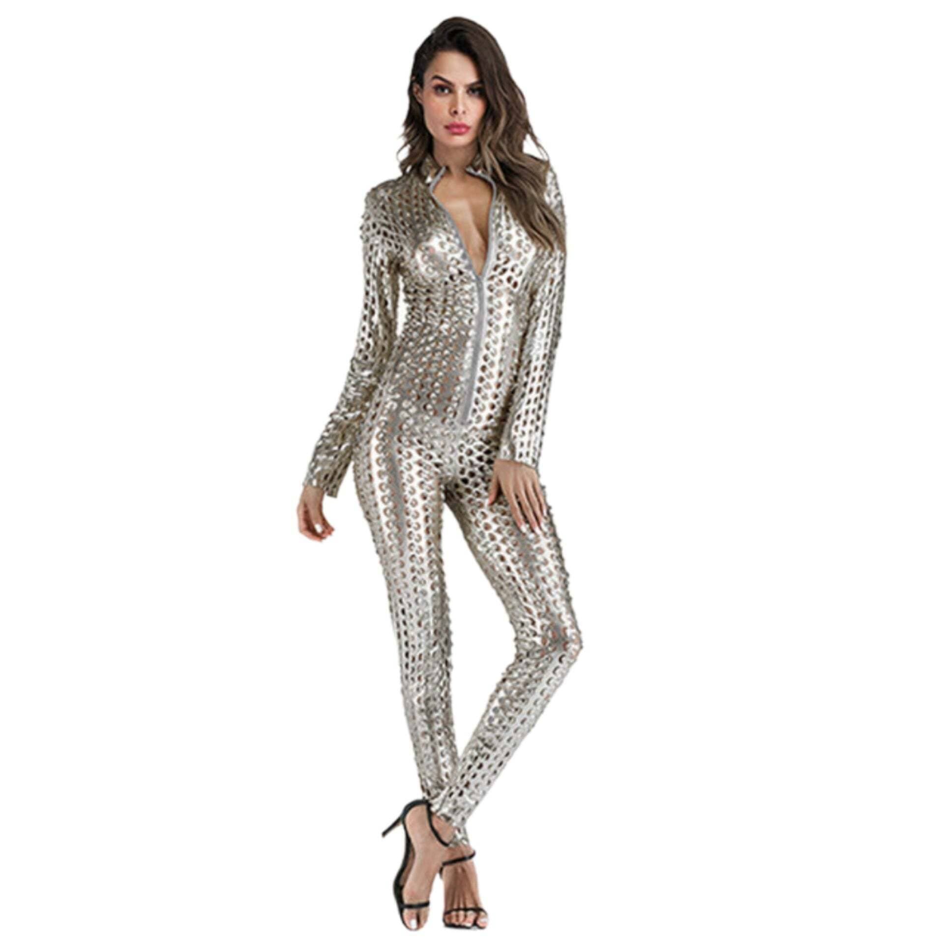 Women's Sexy Hollow Cat Suit One Piece Metallic Sexy Jumpsuit - Grey