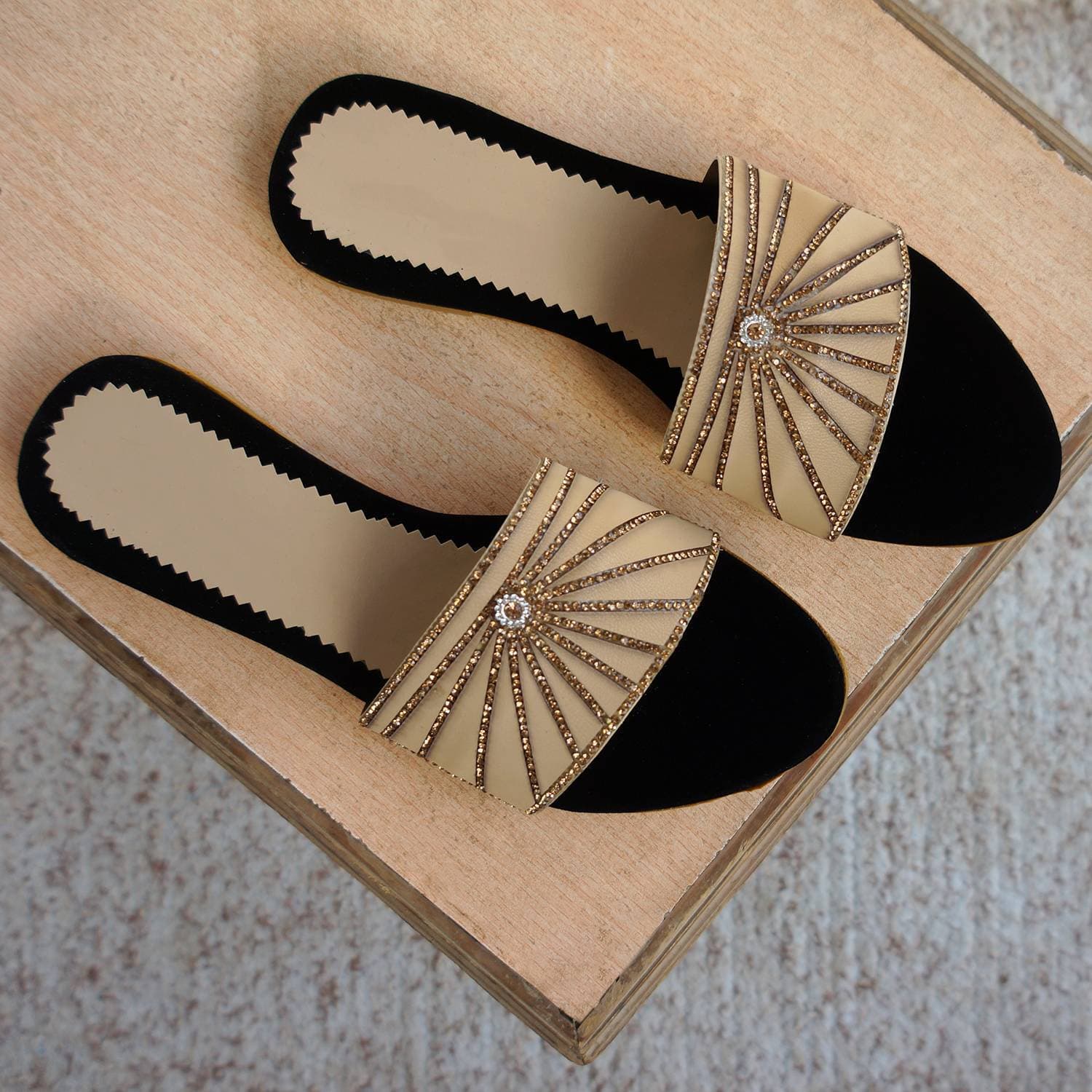Leather & Velvet Flat for Girls - Black & Skin