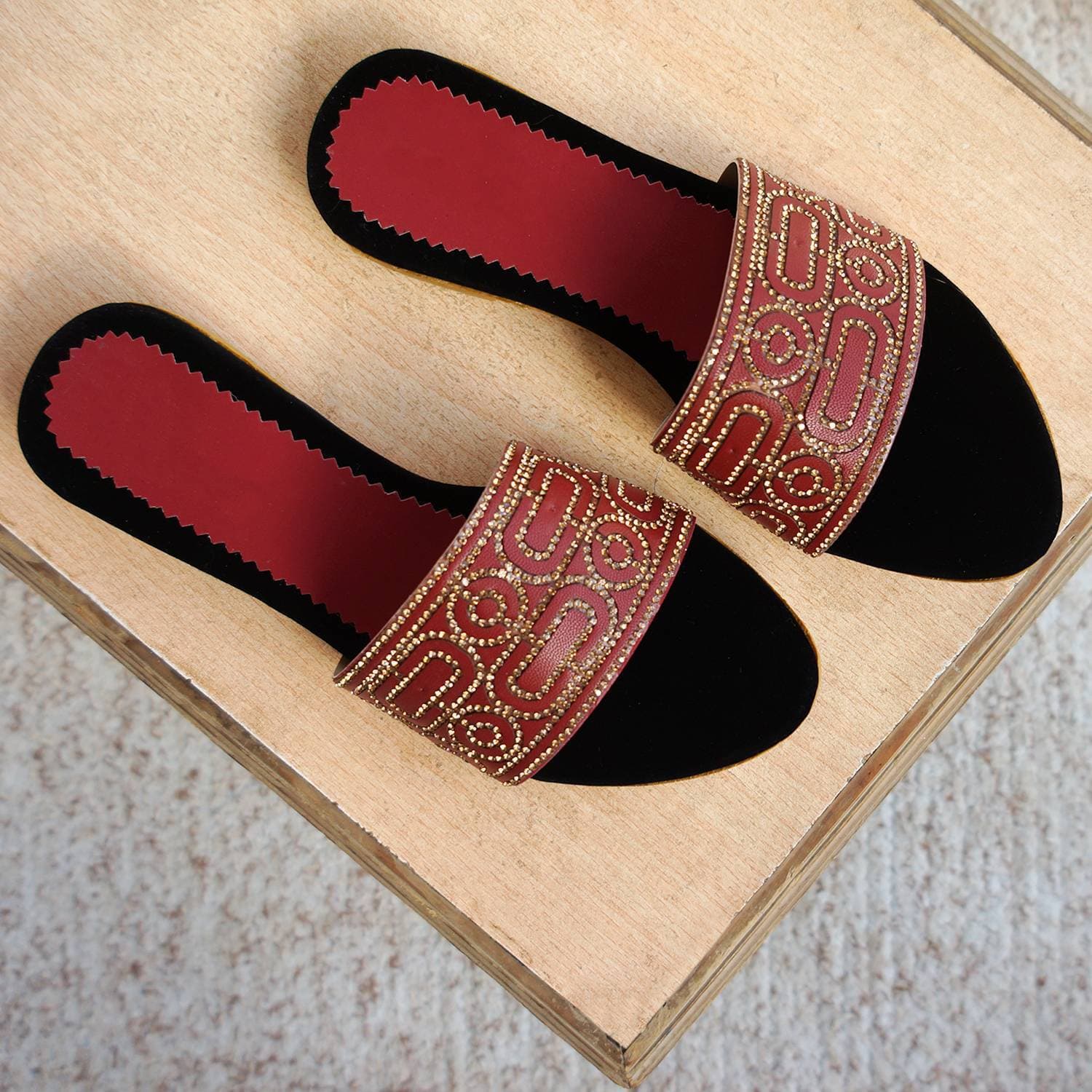 Leather & Velvet Flat for Girls - Red