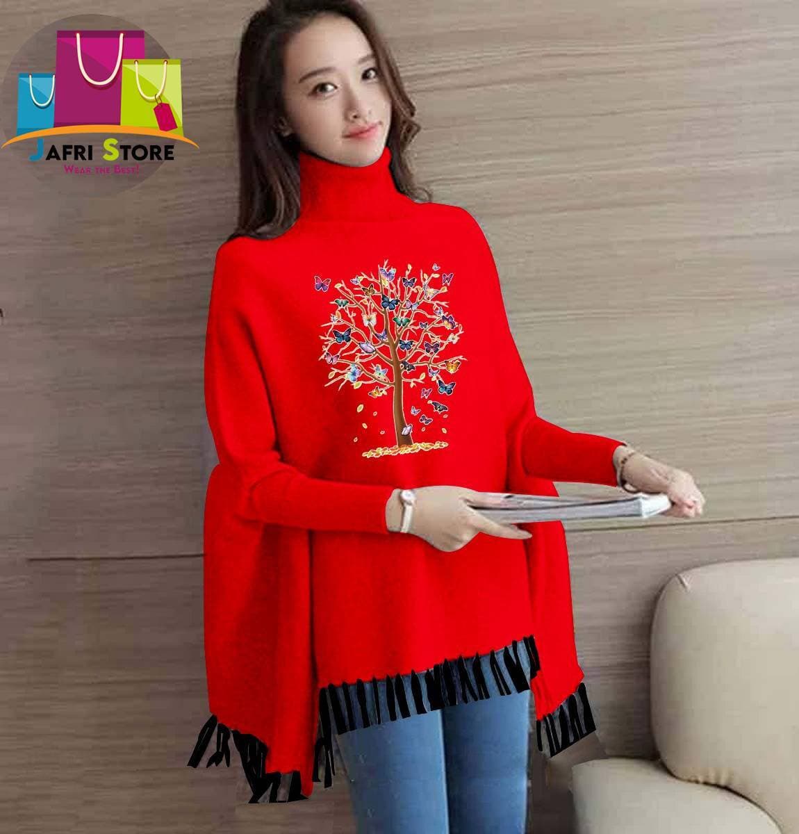 Winter Collection Ladies Printed Poncho - Red