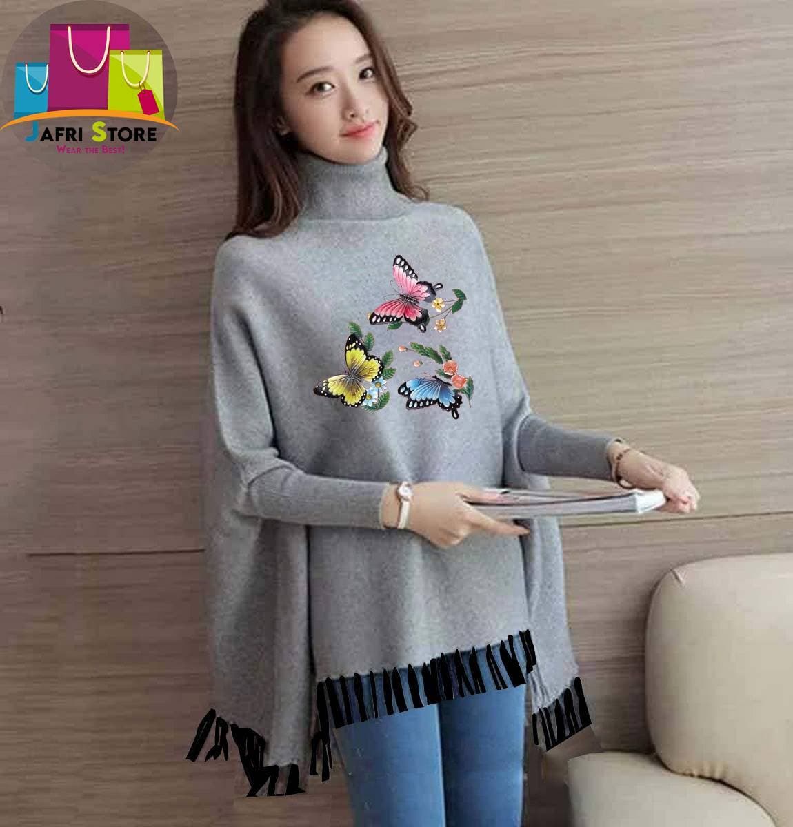 Winter Collection Ladies Printed Poncho - Gray