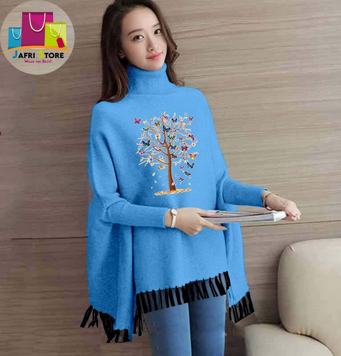 Winter Collection Ladies Printed Poncho - Sky Blue