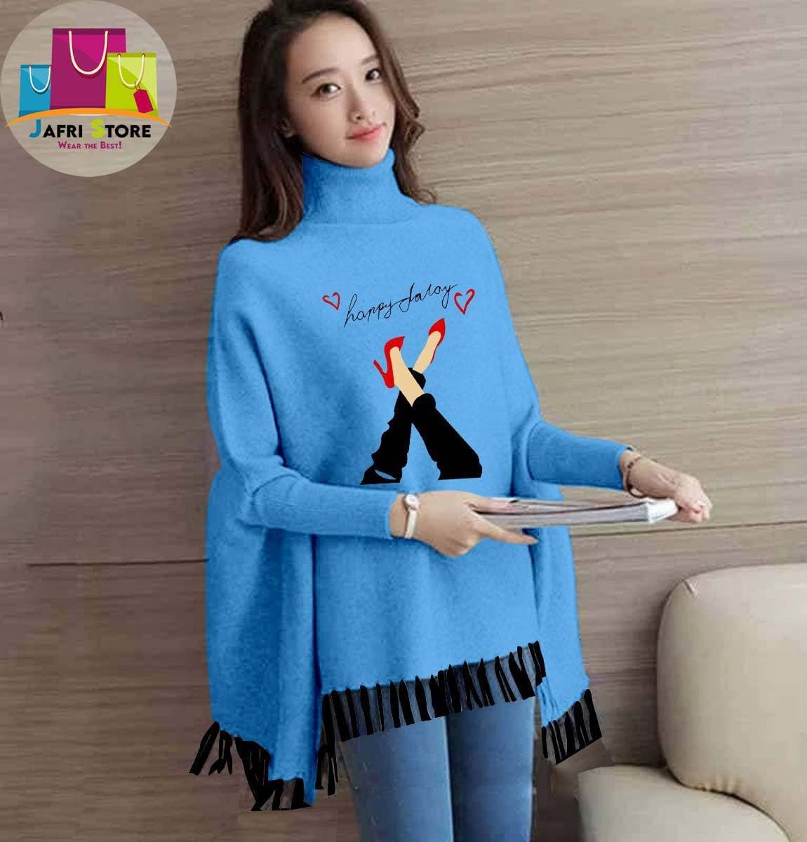 Winter Collection Ladies Printed Poncho - Blue