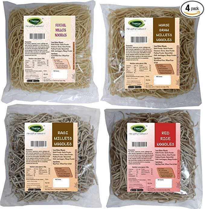 Thanjai Natural Millet Noodles 180 Grams X 4 Varities (720 Grams) Of Homemade Natural Foxtail | Horsegram | Ragi And Red Rice Millets Noodles( No Preservatives, No Chemicals, No Artificial Extract)