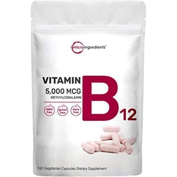 Micro Ingredients Vitamin B12 Methylcobalamin Supplement, Vitamin B12 Capsules, 5,000 Mcg, 180 Counts, Supports Brain Cells And Nerve Tissue, Non-Gmo, Vegan Friendly
