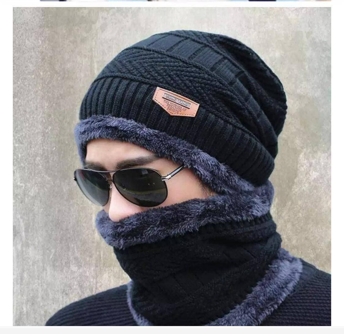 Winter Beanie Fleece Cap And Neck For Men & Women - Black