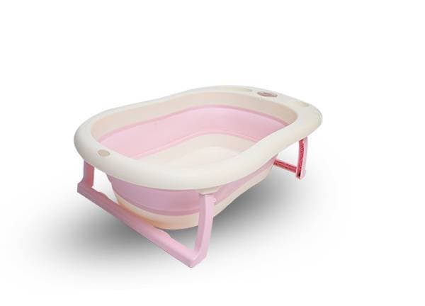 Folding Baby Bath Tub With Built-In Thermometer Space For Bath Essentials - Pink