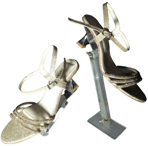 Fancy Trendy Heel Fashion Ankle Strap With Rhinestone Strips Golden
