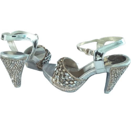 Stylish Bridal Golden Color Rhinestones Heel 3 Long Ankle Straps