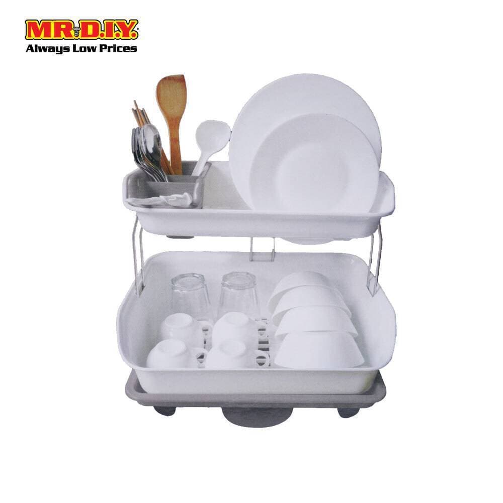 Double Tier Dish Drying Rack with Rotatable Drainer Tray