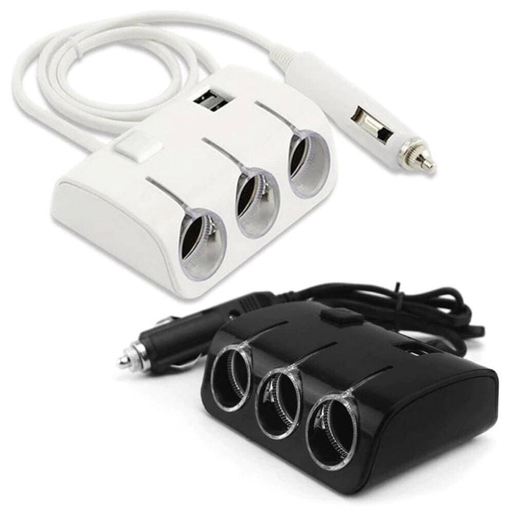 Car lighter socket with 3 outputs and 2 USB, ON / OFF button, white