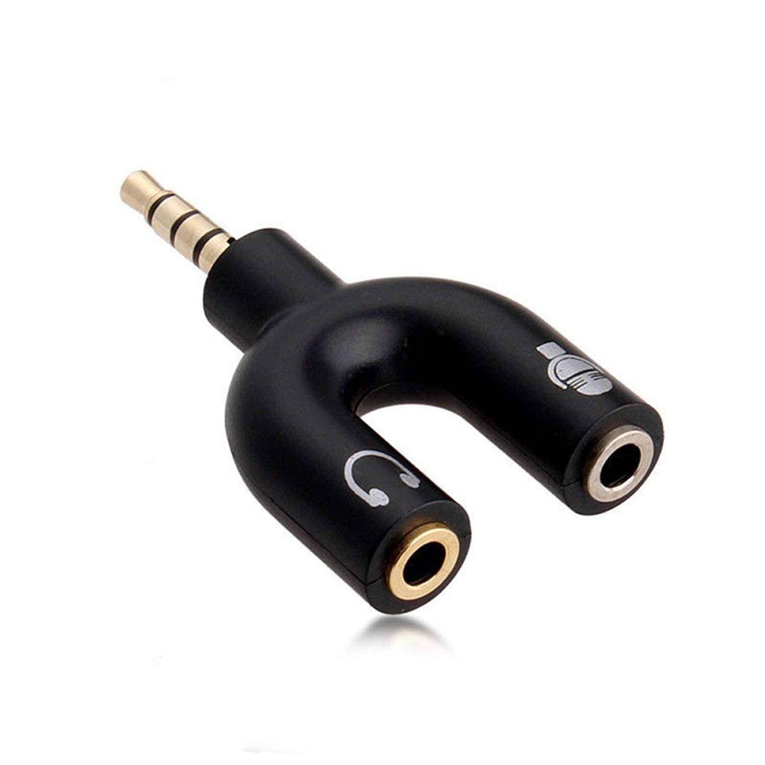 Stereo Splitter Audio Black U Shape 3.5mm 1 Male to 2 Female Earphone Headset + Microphone Adapter