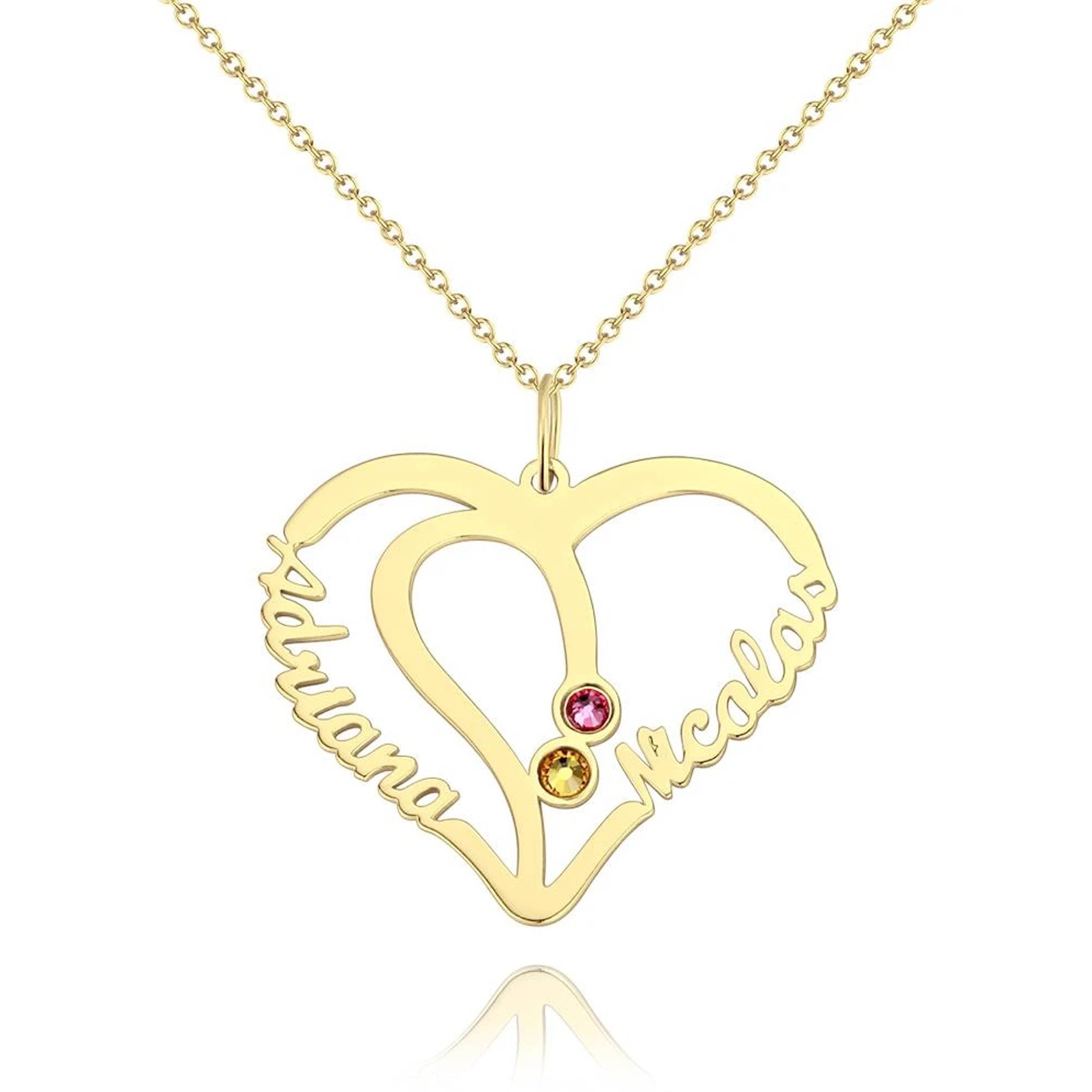 24C Gold Plated Double Name Heart Shape Necklace with Gem Stones