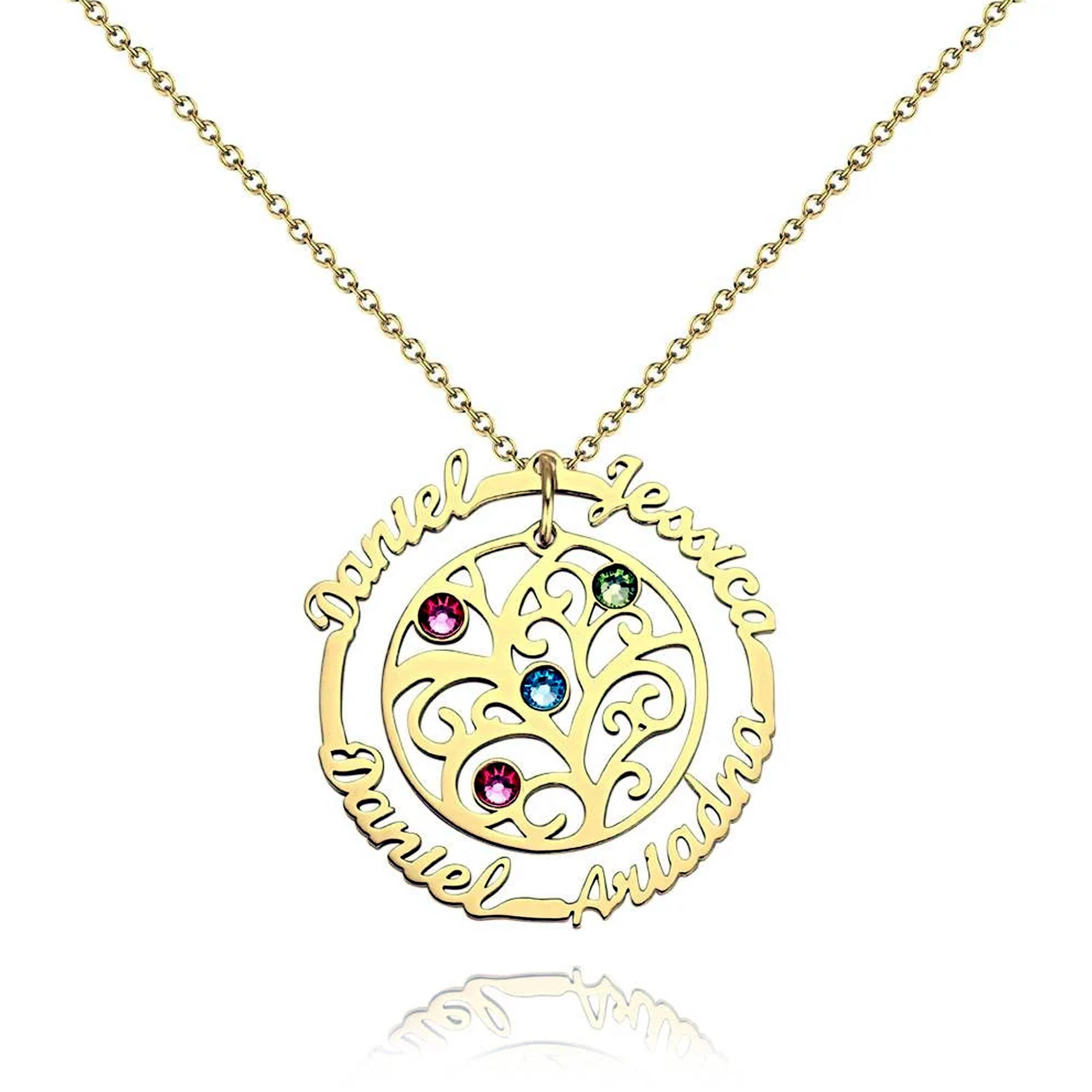 24C Gold Plated Family Tree Round Shape Necklace with Gem Stones