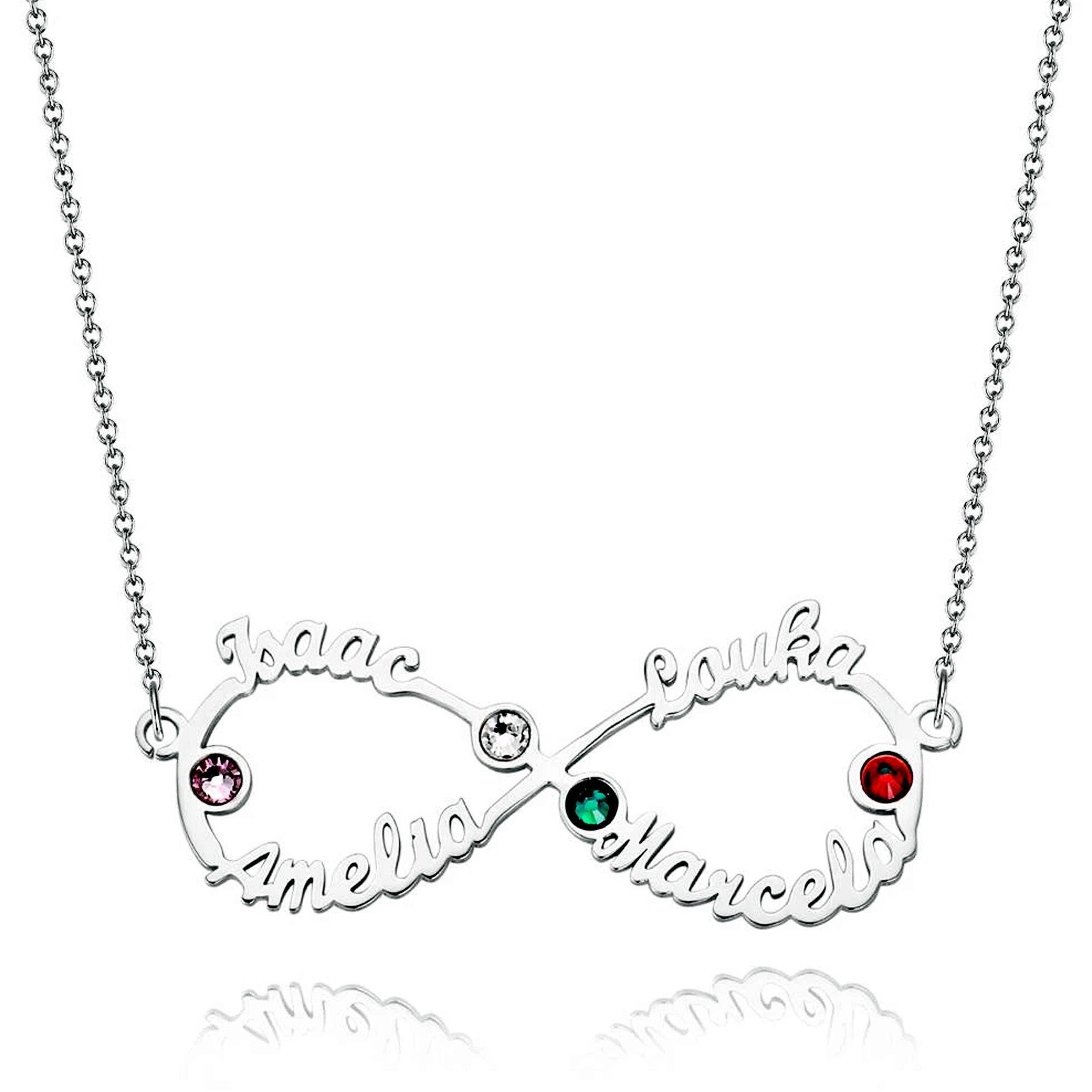 Sterling Silver 925 Infinity Style Four Names Necklace with Gem Stones