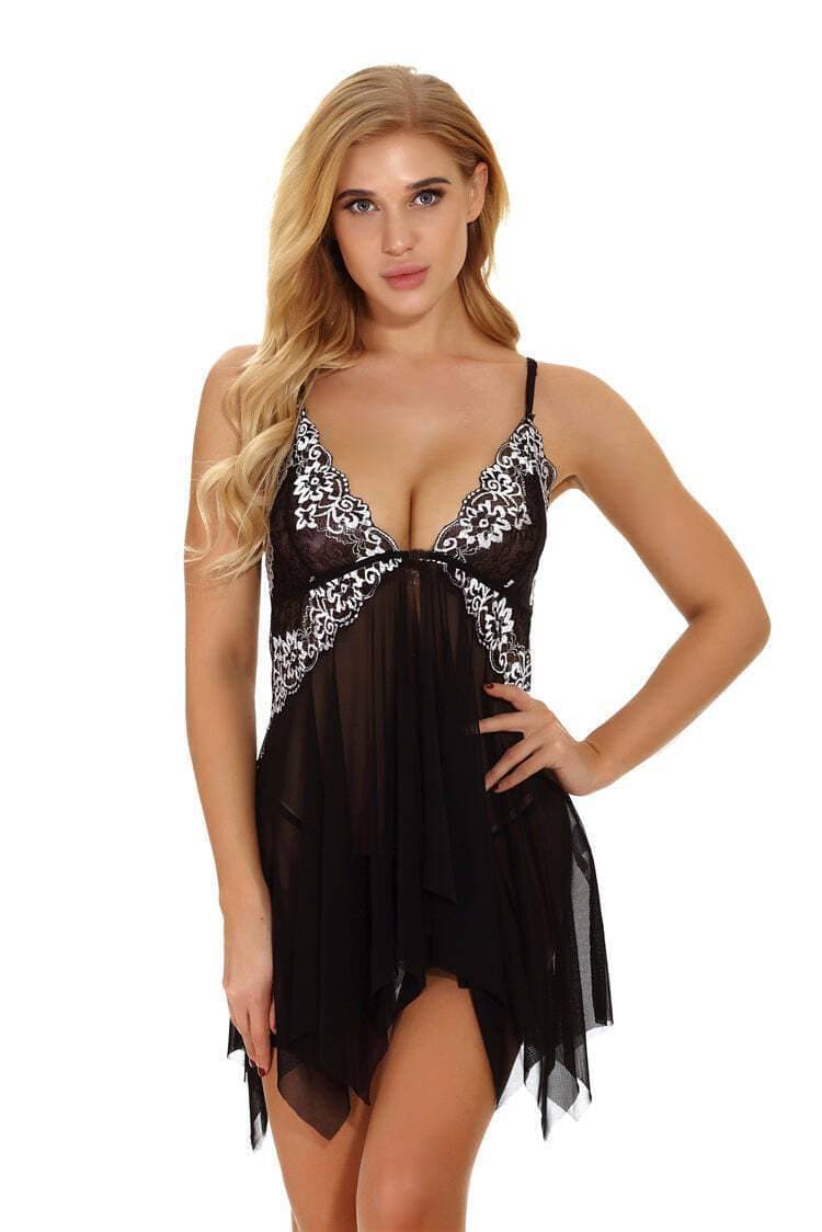 Sexy Lace Embroidered Front Open Net Nighty For Women