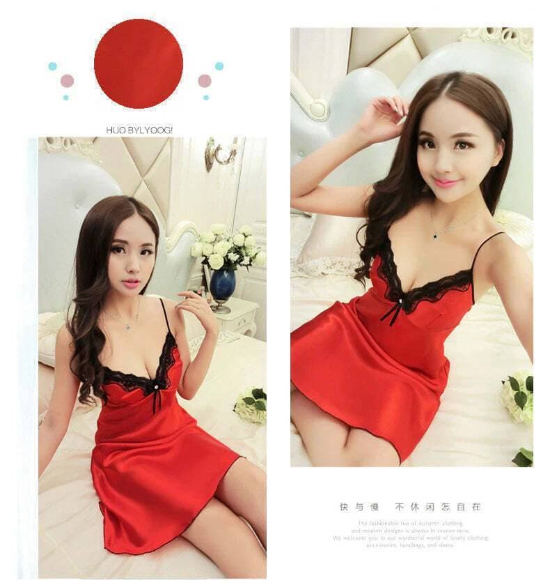 Embroidered V Neck Short Silk Nighty